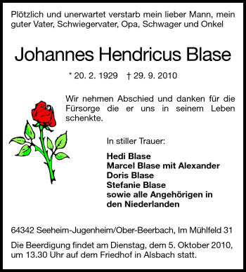Traueranzeige von Johannes Hendricus von Echo-Zeitungen (Gesamtausgabe)