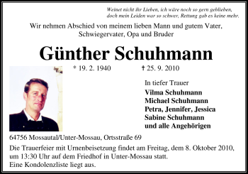 Traueranzeige von Günther Schuhmann von Odenwälder Echo