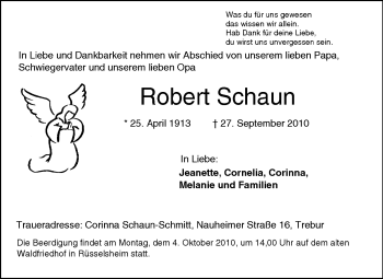 Traueranzeige von Robert Schaun von Rüsselsheimer Echo, Groß-Gerauer-Echo, Ried Echo