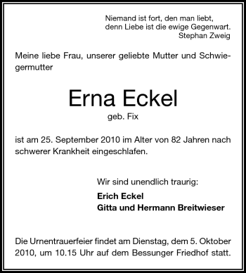 Traueranzeige von Erna Eckel von Echo-Zeitungen (Gesamtausgabe)