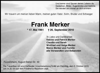 Traueranzeige von Frank Merker von Rüsselsheimer Echo, Groß-Gerauer-Echo, Ried Echo