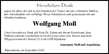 Traueranzeige von Wolfgang Moll von Rüsselsheimer Echo, Groß-Gerauer-Echo, Ried Echo
