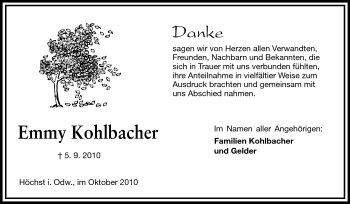Traueranzeige von Emmi Kohlbacher von Odenwälder Echo