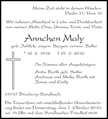 Traueranzeige von Annchen Maly von Odenwälder Echo
