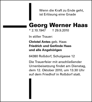 Traueranzeige von Georg Werner Haas von Echo-Zeitungen (Gesamtausgabe)