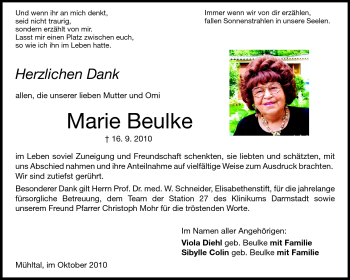 Traueranzeige von Marie Beulke von Darmstädter Echo, Odenwälder Echo, Rüsselsheimer Echo, Groß-Gerauer-Echo, Ried Echo