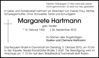 Traueranzeige von Margarete Hartmann von Echo-Zeitungen (Gesamtausgabe)