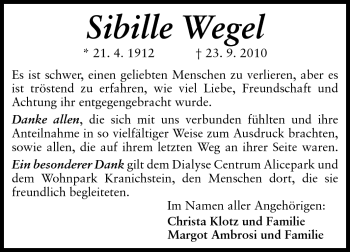 Traueranzeige von Sibille Wegel von Darmstädter Echo, Odenwälder Echo, Rüsselsheimer Echo, Groß-Gerauer-Echo, Ried Echo