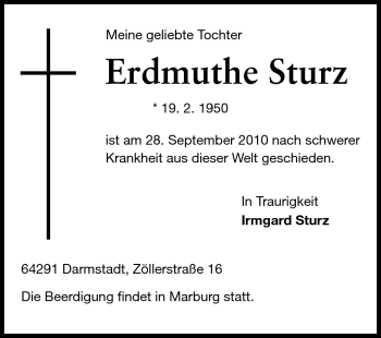 Traueranzeige von Erdmuthe Sturz von Echo-Zeitungen (Gesamtausgabe)