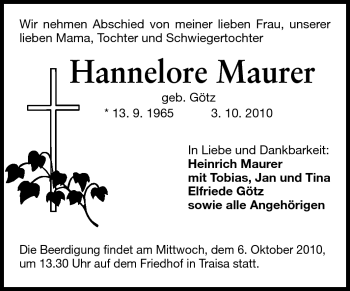Traueranzeige von Hannelore Maurer von Echo-Zeitungen (Gesamtausgabe)