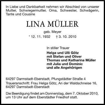 Traueranzeige von Lina Müller von Echo-Zeitungen (Gesamtausgabe)