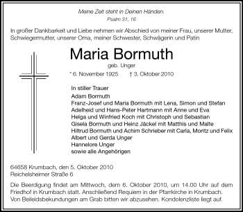 Traueranzeige von Maria Bormuth von Starkenburger Echo