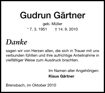 Traueranzeige von Gudrun Gärtner von Odenwälder Echo
