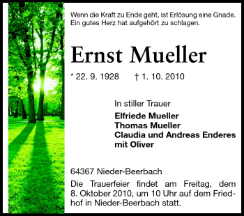 Traueranzeige von Ernst Mueller von Darmstädter Echo, Odenwälder Echo, Rüsselsheimer Echo, Groß-Gerauer-Echo, Ried Echo