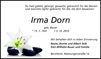 Traueranzeige von Irma Dorn von Starkenburger Echo