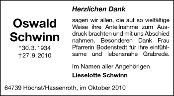 Traueranzeige von Lieselotte Schwinn von Odenwälder Echo