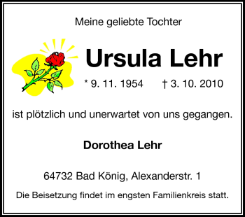 Traueranzeige von Ursula Lehr von Odenwälder Echo