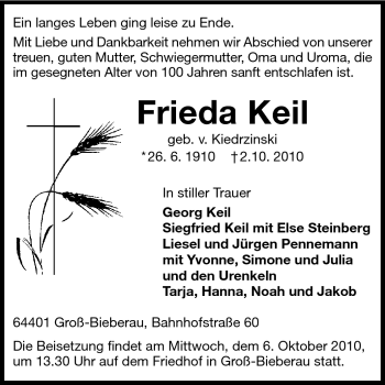 Traueranzeige von Frieda Keil von Darmstädter Echo, Odenwälder Echo, Rüsselsheimer Echo, Groß-Gerauer-Echo, Ried Echo