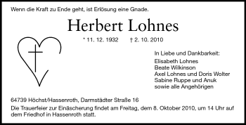 Traueranzeige von Herbert Lohnes von Odenwälder Echo