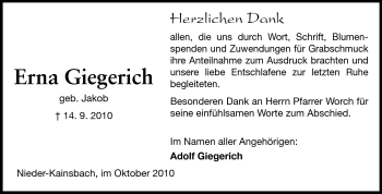 Traueranzeige von Erna Giegerich von Odenwälder Echo