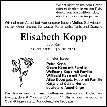 Traueranzeige von Elisabeth Kopp von Echo-Zeitungen (Gesamtausgabe)