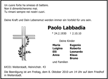Traueranzeige von Paolo Labbadia von Echo-Zeitungen (Gesamtausgabe)