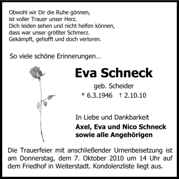 Traueranzeige von Eva Schneck von Echo-Zeitungen (Gesamtausgabe)