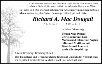 Traueranzeige von Richard A. Mac Dougall von Odenwälder Echo
