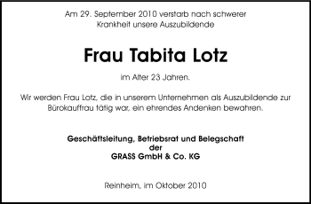 Traueranzeige von Tabita Lotz von Echo-Zeitungen (Gesamtausgabe)