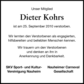 Traueranzeige von Dieter Kohrs von Rüsselsheimer Echo, Groß-Gerauer-Echo, Ried Echo