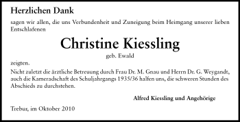 Traueranzeige von Christine Kiessling von Rüsselsheimer Echo, Groß-Gerauer-Echo, Ried Echo