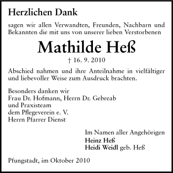 Traueranzeige von Mathilde Heß von Echo-Zeitungen (Gesamtausgabe)
