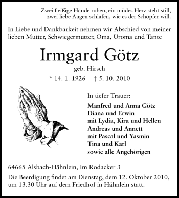 Traueranzeige von Irmgard Götz von Echo-Zeitungen (Gesamtausgabe)