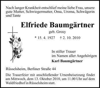 Traueranzeige von Elfriede Baumgärtner von Rüsselsheimer Echo, Groß-Gerauer-Echo, Ried Echo