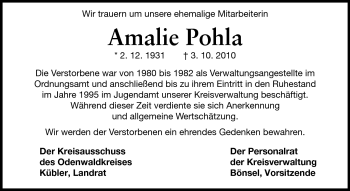 Traueranzeige von Amalie Pohla von Odenwälder Echo