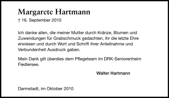 Traueranzeige von Margarete Hartmann von Darmstädter Echo, Odenwälder Echo, Rüsselsheimer Echo, Groß-Gerauer-Echo, Ried Echo