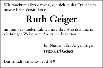 Traueranzeige von Ruth Geiger von Darmstädter Echo, Odenwälder Echo, Rüsselsheimer Echo, Groß-Gerauer-Echo, Ried Echo