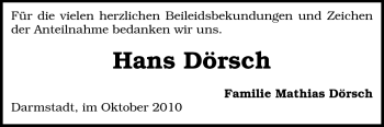 Traueranzeige von Hans Dörsch von Echo-Zeitungen (Gesamtausgabe)
