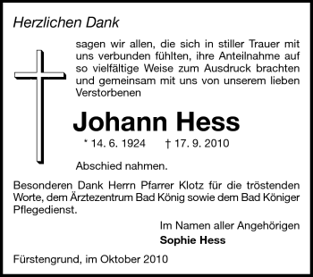 Traueranzeige von Johann Hess von Odenwälder Echo