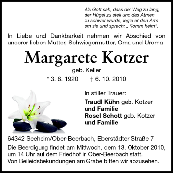 Traueranzeige von Margarete Kotzer von Echo-Zeitungen (Gesamtausgabe)