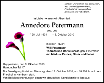 Traueranzeige von Annedore Petermann von Starkenburger Echo
