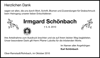 Traueranzeige von Irmgard Schönbach von Darmstädter Echo, Odenwälder Echo, Rüsselsheimer Echo, Groß-Gerauer-Echo, Ried Echo