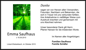 Traueranzeige von Emma Saufhaus von Odenwälder Echo