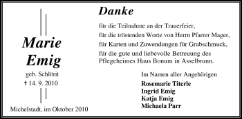 Traueranzeige von Marie Emig von Odenwälder Echo