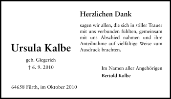 Traueranzeige von Ursula Kalbe von Starkenburger Echo