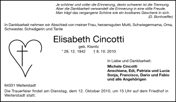 Traueranzeige von Elisabeth Cincotti von Echo-Zeitungen (Gesamtausgabe)