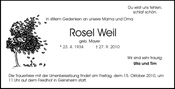 Traueranzeige von Rosel Weil von Rüsselsheimer Echo, Groß-Gerauer-Echo, Ried Echo