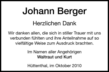Traueranzeige von Johann Berger von Odenwälder Echo