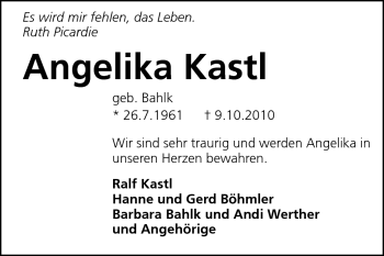 Traueranzeige von Angelika Kastl von Darmstädter Echo, Odenwälder Echo, Rüsselsheimer Echo, Groß-Gerauer-Echo, Ried Echo