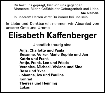 Traueranzeige von Anna Elisabethe Kaffenberger von Echo-Zeitungen (Gesamtausgabe)
